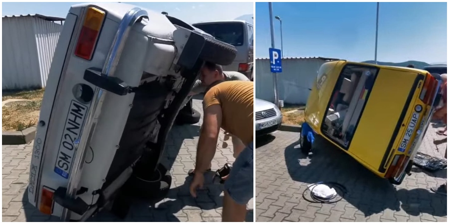 VIDEO. Temerari pe patru roți: sătmăreni au reparat Dacii vechi direct pe marginea autostrăzii, sprijinite pe roata de rezervă