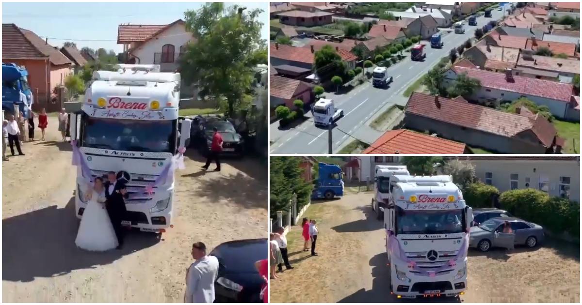 VIDEO. TIR-uri, claxoane și iubire. Alaiul de nuntă neobișnuit a întors privirile pe un drum din Satu Mare