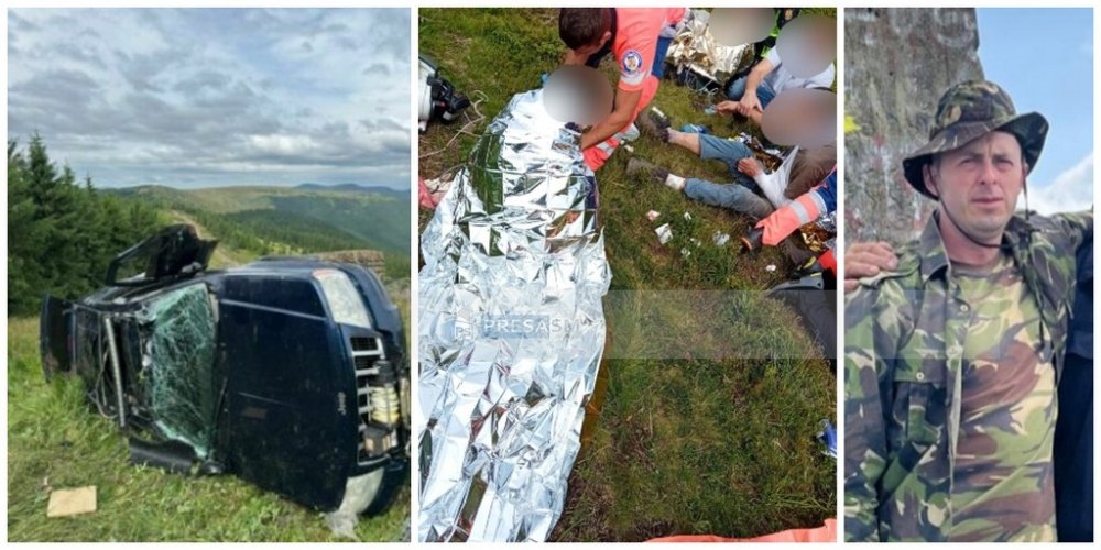 FOTO. Intervenție eroică: un polițist a salvat patru persoane dintr-o mașină răsturnată într-o râpă