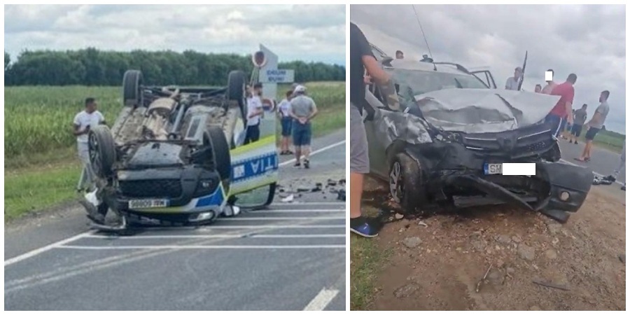 FOTO. O mașină de Poliție s-a răsturnat, agent rănit grav. Sătmărean implicat în accident
