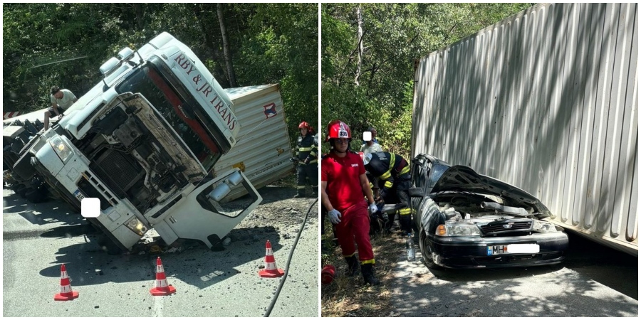 FOTO. Un șofer a murit strivit după ce un container a căzut pe mașină. Tragedie pe șosele în România