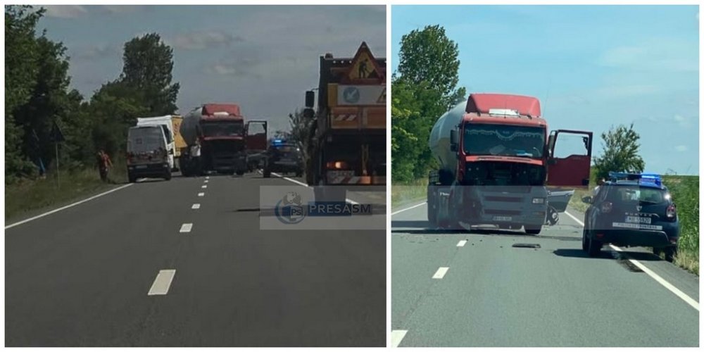 FOTO. Accident în lanț pe DN19, în zona Pișcolt: o autospecială, un autotren și o mașină