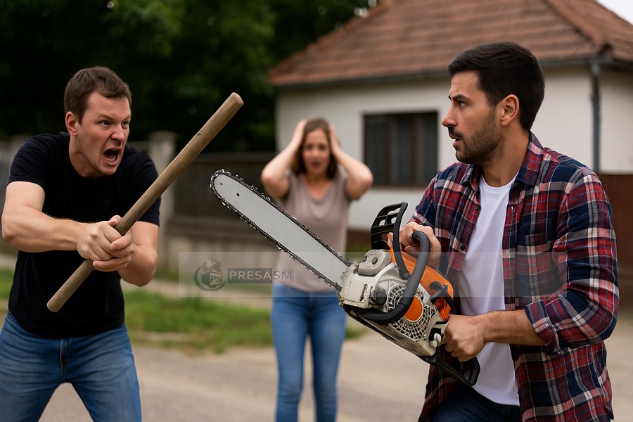 Bătaie între vecini, în Satu Mare. Unul a luat drujba, altul o bucată de lemn. A ieșit rău