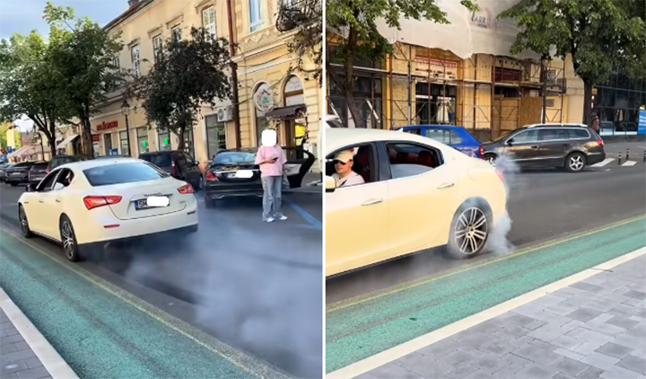 VIDEO. Ce amendă a primit șoferul (19 ani) cu Maserati. A devenit și pieton după ”fumul” din centrul Sătmarului