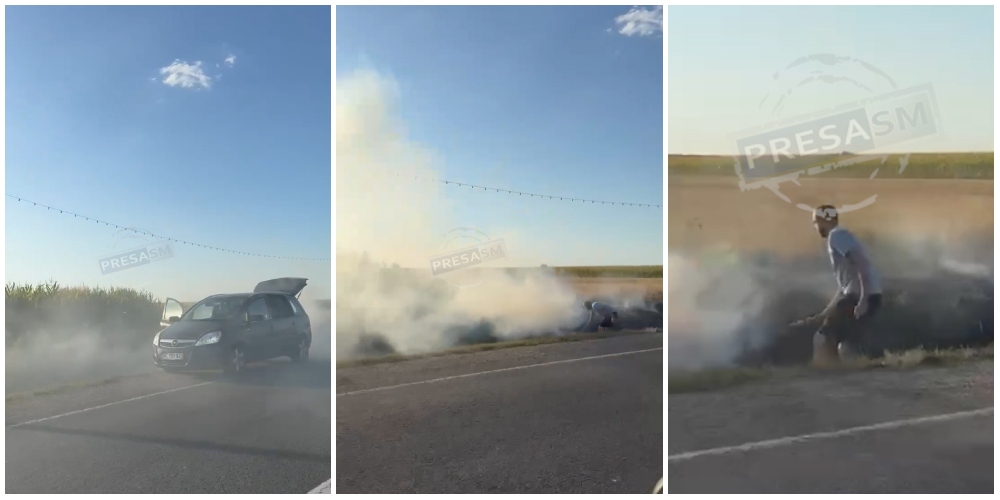 VIDEO. Gest civic impresionant: Un sătmărean s-a oprit să stingă un incendiu pe marginea șoselei