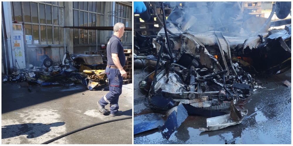 FOTO. Avion prăbușit în curtea unei fabrici din Arad: doi bărbați au murit pe loc