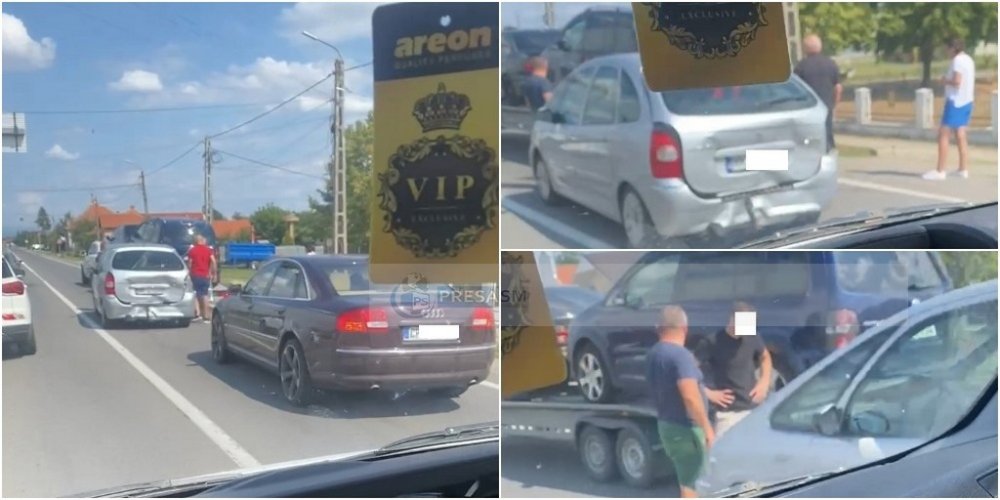 VIDEO. Accident în lanț pe DN19, în Ciuperceni. Două mașini și un trailer, cozi kilometrice