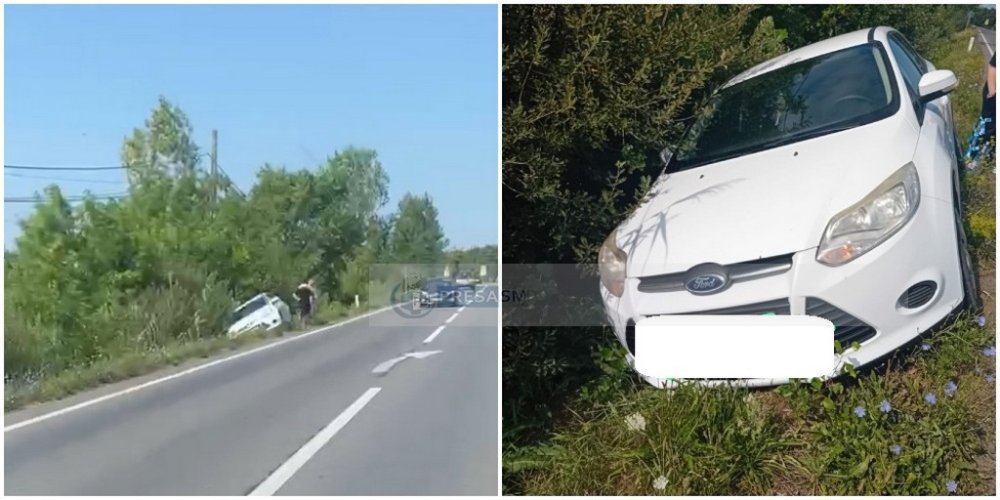 VIDEO. Accident pe DN19, la ieșire din Ciuperceni. O mașină a ajuns în șanț