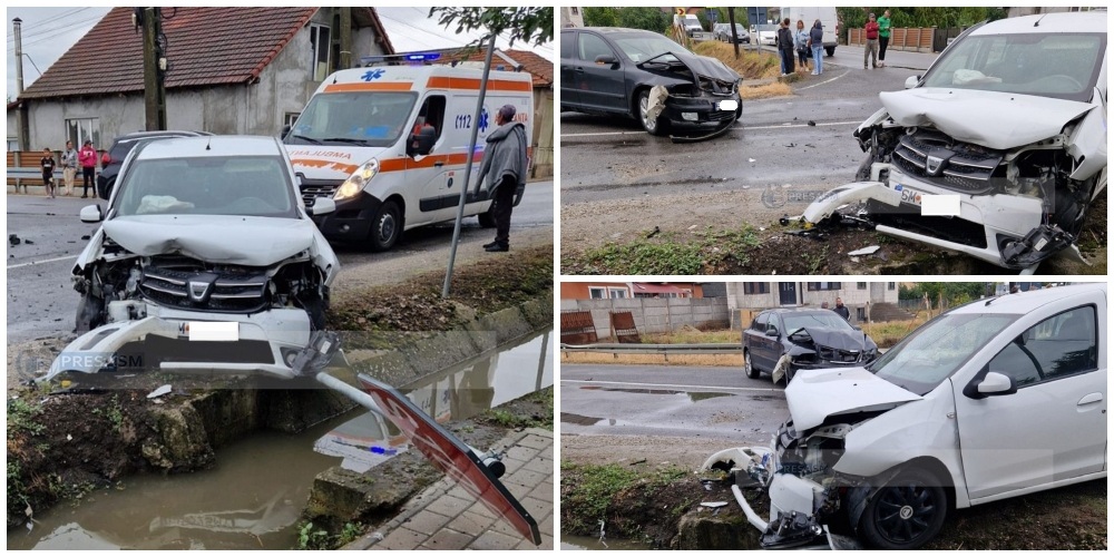 FOTO. Accident frontal, în lanț, în județul Satu Mare. O victimă la Urgență