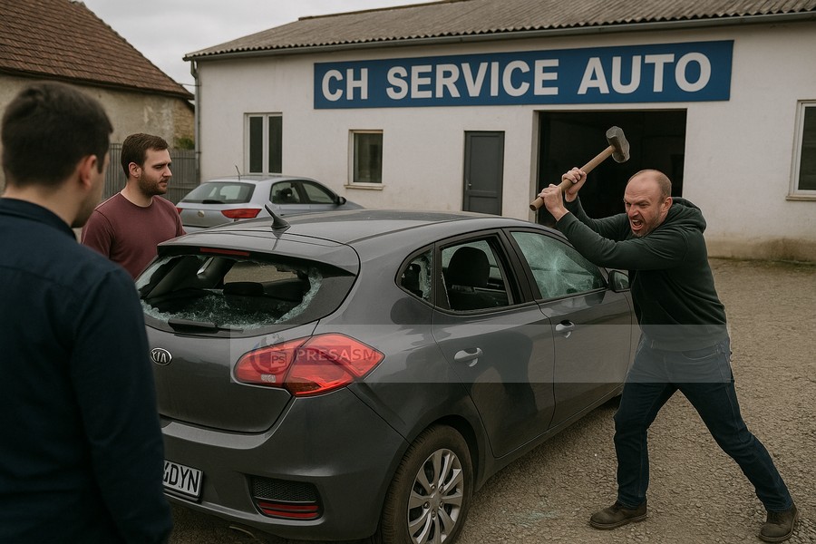 Incident violent la un service auto din Satu Mare: mecanicul a distrus mașina, a fugărit clienții!
