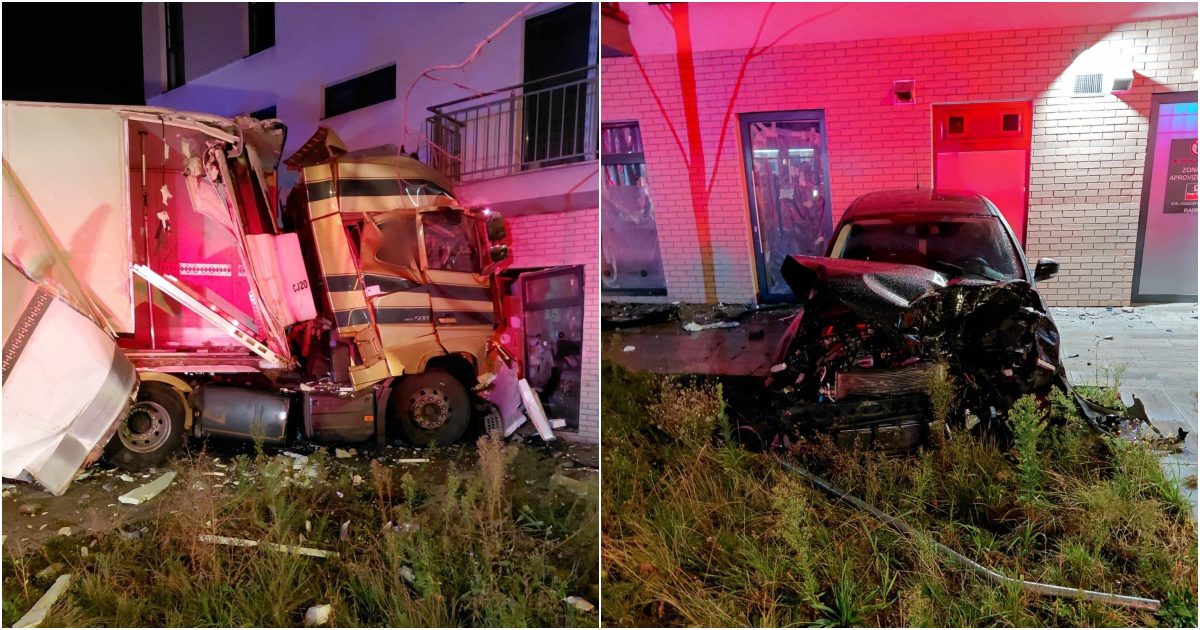 FOTO. Accident grav în Cluj. Șoferul a ajuns cu TIR-ul direct într-un bloc