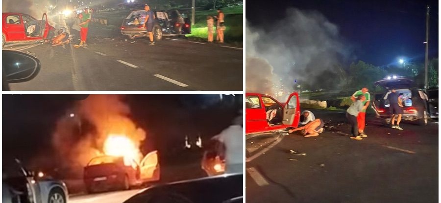 FOTO/VIDEO. Accident grav, mașină în flăcări după impact, doi tineri la Urgență