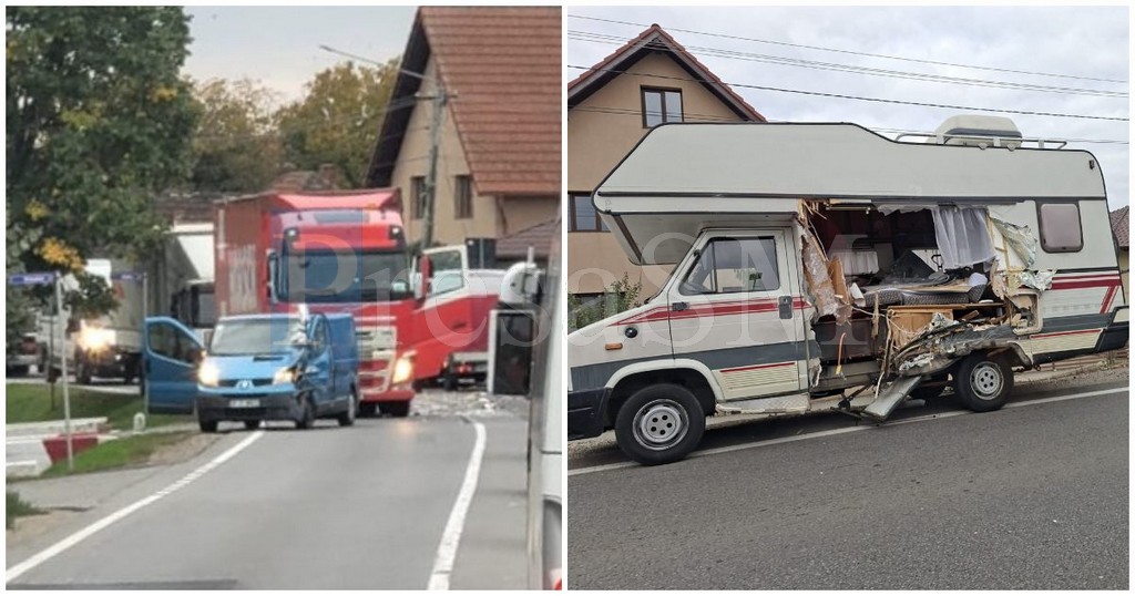 FOTO/VIDEO. Accident pe DN 19, în Botiz – coliziune între o autoutilitară și o rulotă de camping 