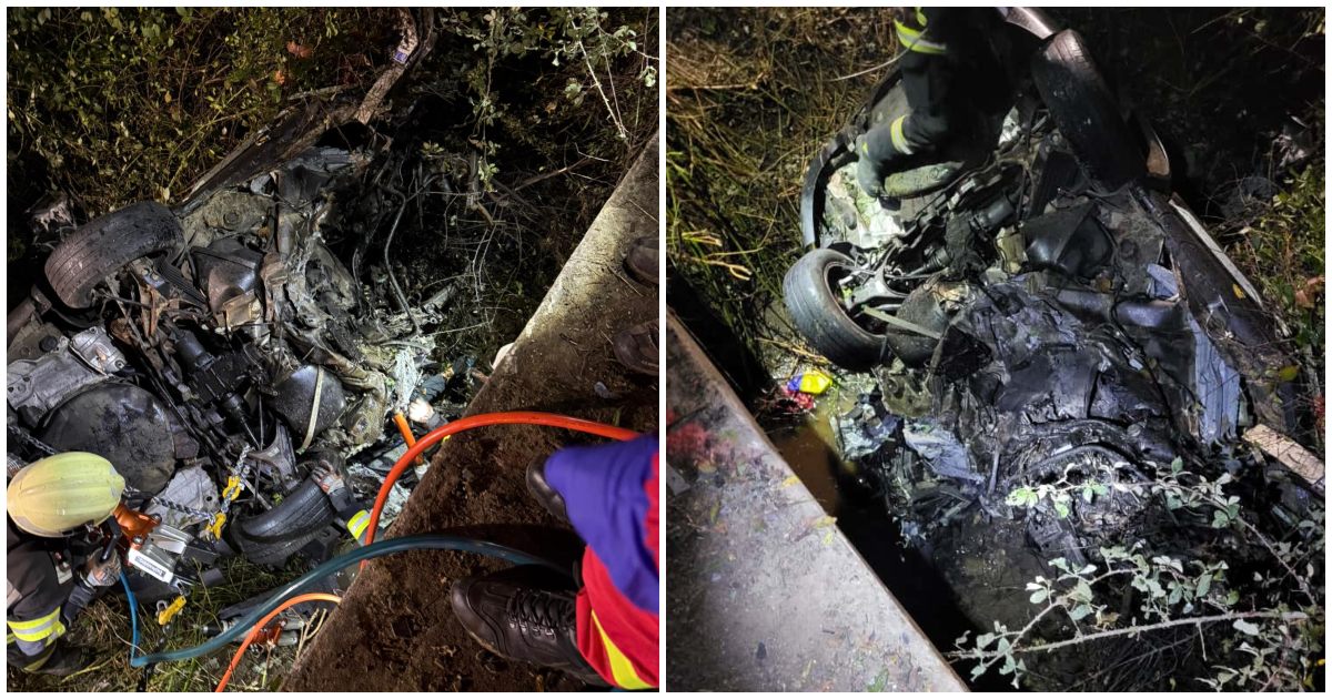 FOTO/VIDEO. Un tânăr (23 ani) a murit în județul Satu Mare. Mașina, răsturnată în șanț cu apă