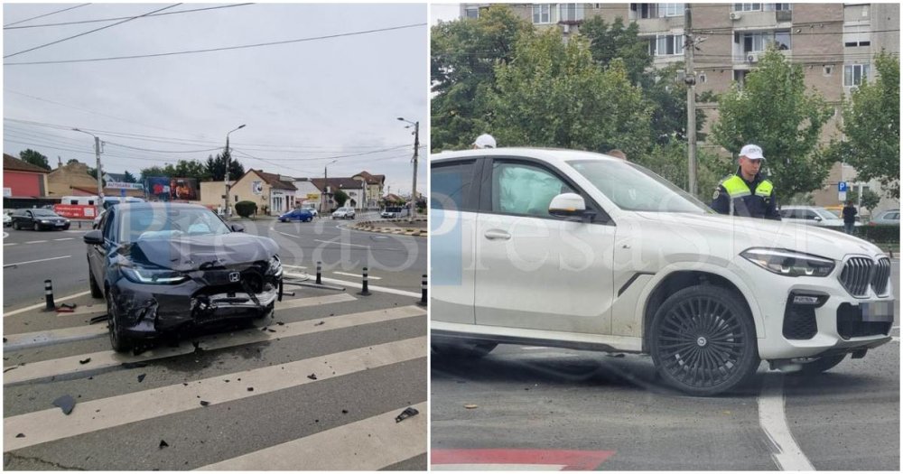 FOTO/VIDEO. Accident în sensul giratoriu de la Burdea. Impact puternic între două automobile