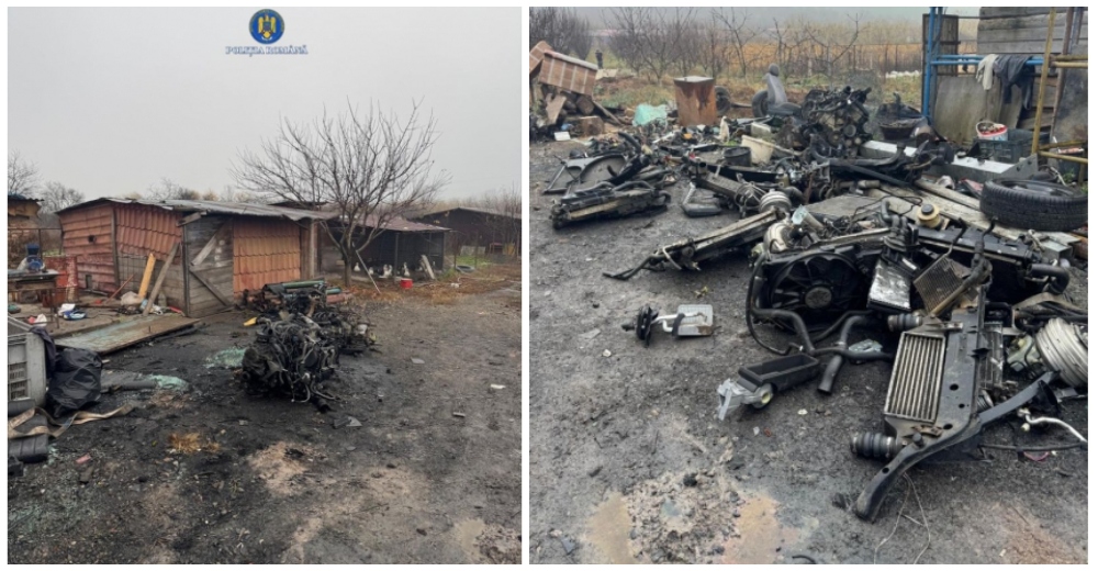 FOTO. Percheziții la un atelier de dezmembrări auto din județul Satu Mare. Opt persoane ridicate de polițiști