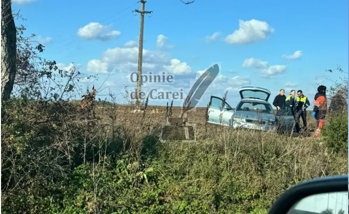 FOTO. Accident pe DN19, între Carei și Petrești: Un șofer a ajuns cu mașina pe câmp