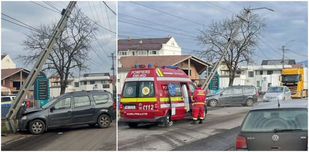 FOTO. Accident în Negrești-Oaș, impact între două mașini. Automobil proiectat în stâlp