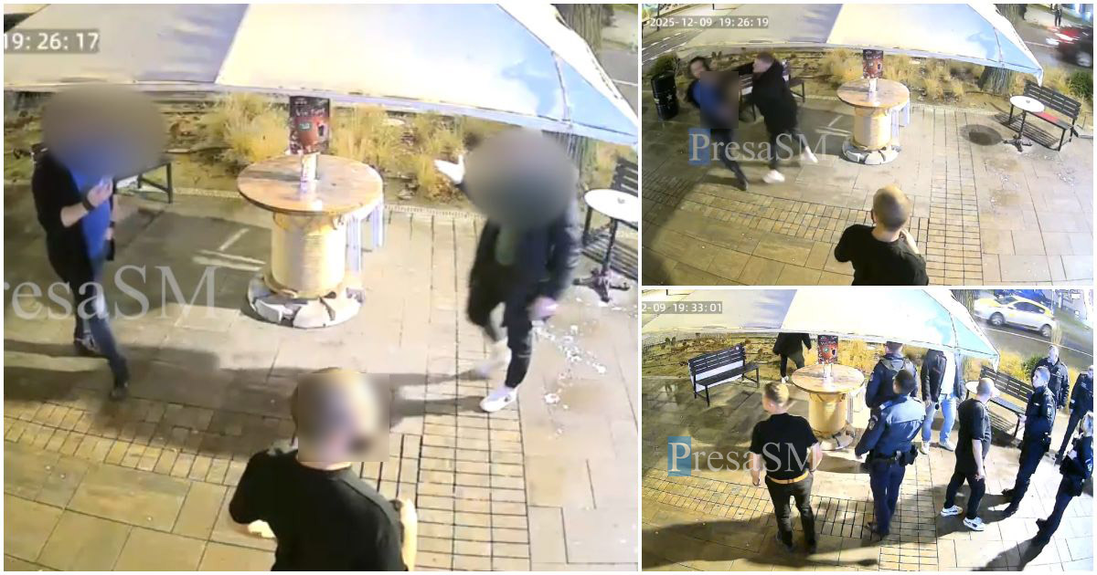 VIDEO. Bătaie în centrul Sătmarului, lângă Târgul de Crăciun. Pumni, vitrină și pahare sparte