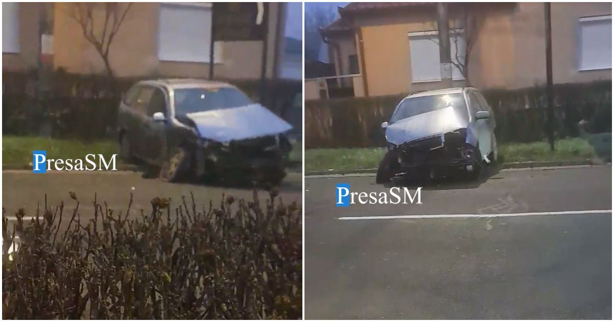 VIDEO. Accident frontal în municipiul Satu Mare, mașină proiectată pe spațiul verde