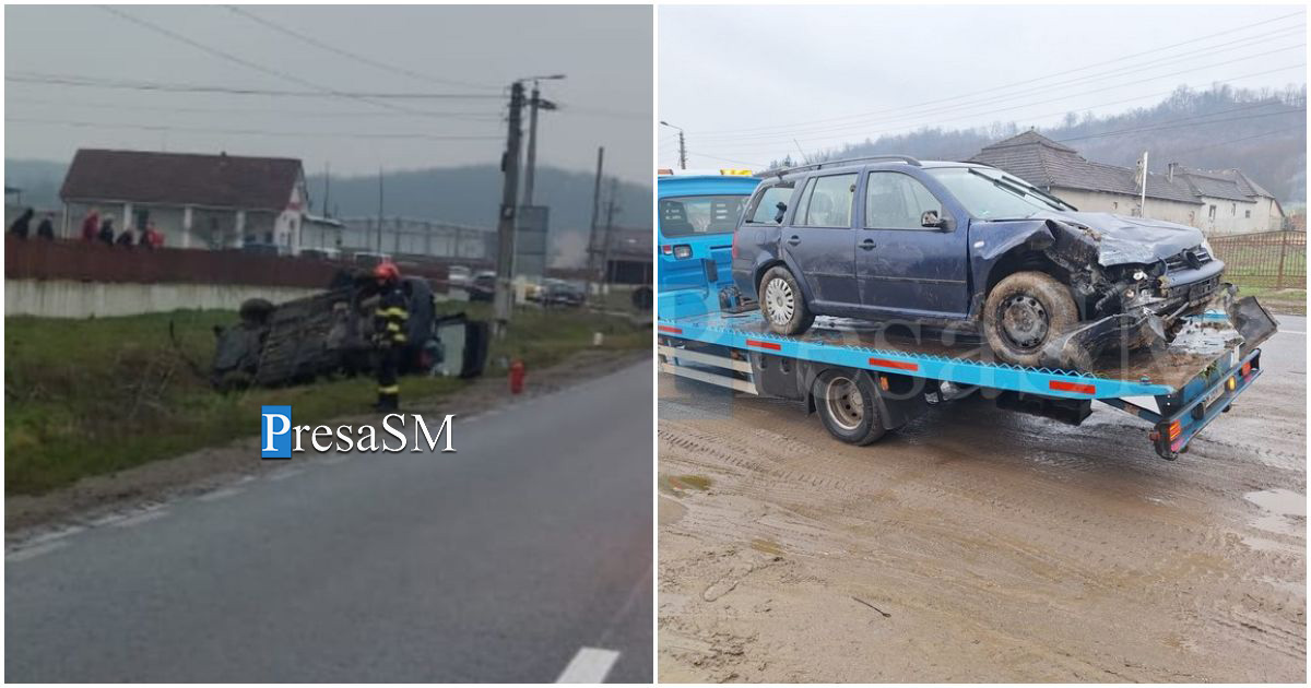 FOTO/VIDEO. A lovit un stâlp, s-a rostogolit cu mașina, s-a oprit în șanț. Accident în județul Satu Mare