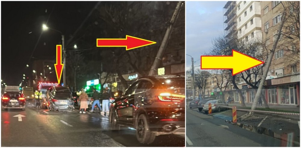 FOTO. Accident pe Drumul Careiului. Un șofer a rupt un stâlp și a lovit o altă mașină