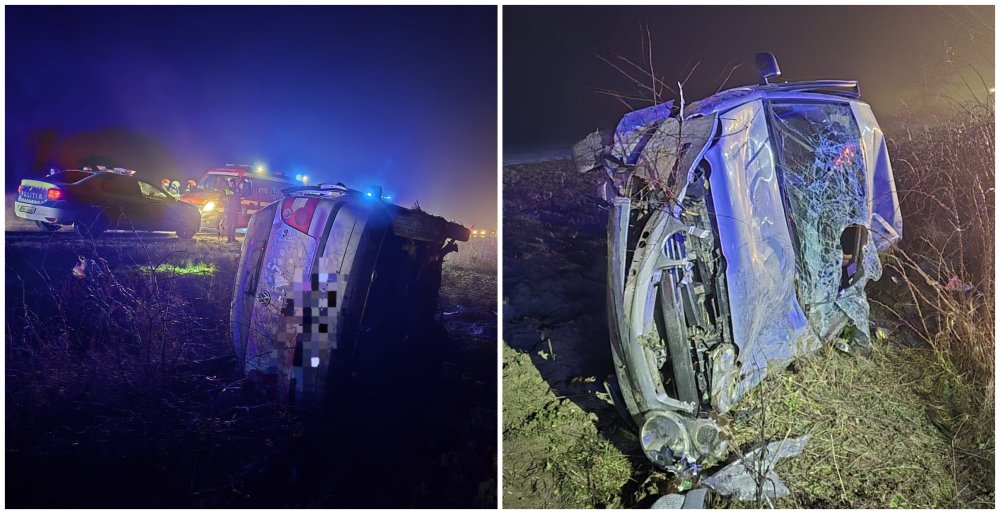 FOTO. Accident cu multiple victime, mașină răsturnată pe câmp, în județul Satu Mare