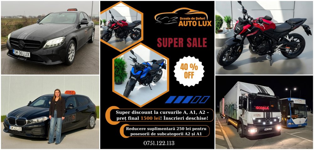 AUTO LUX, reduceri importante pentru viitorii șoferi: 10% la categoriile B și B+E, plus discount de până la 50% pentru categoria A