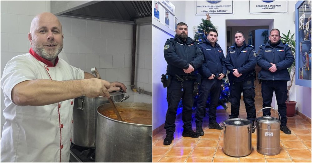 FOTO. Un jandarm, 60 de porții de mâncare și o lecție de omenie. A gătit cu suflet pentru oamenii străzii din Satu Mare