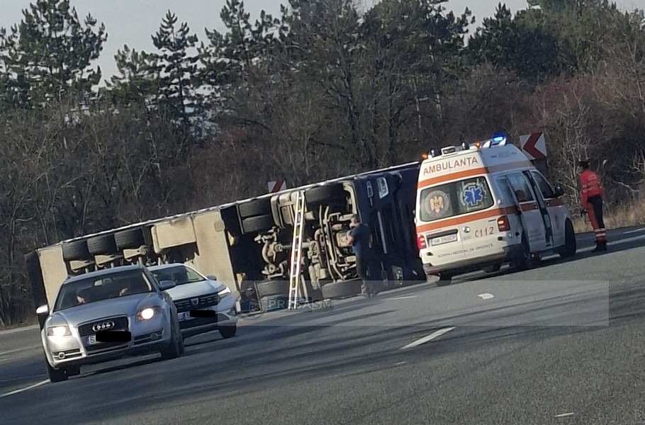FOTO. TIR încărcat cu sute de porci, răsturnat pe DN1F, Satu Mare - Cluj