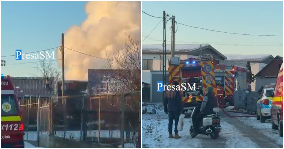 FOTO/VIDEO. Incendiu într-o zonă aglomerată de case, în Carei. Intervenție amplă a autorităților