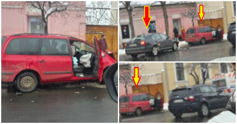 FOTO. Accident la Piața Mare. Un autoturism a fost proiectat de pe șosea