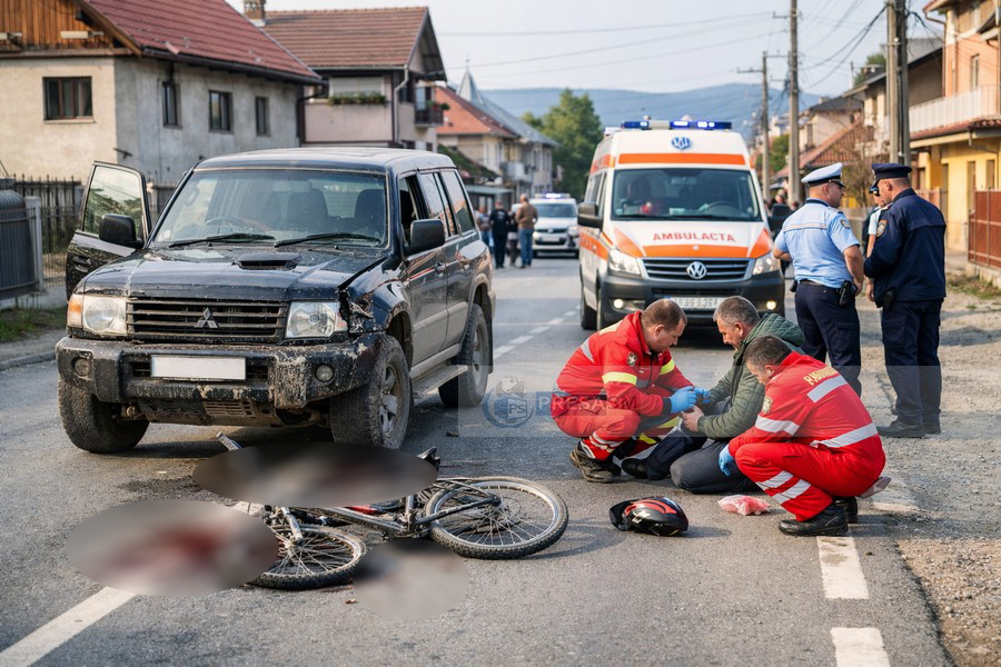 Accident în județul Satu Mare, biciclist transportat la spital. Șoferul a mutat mașinia și bicicleta