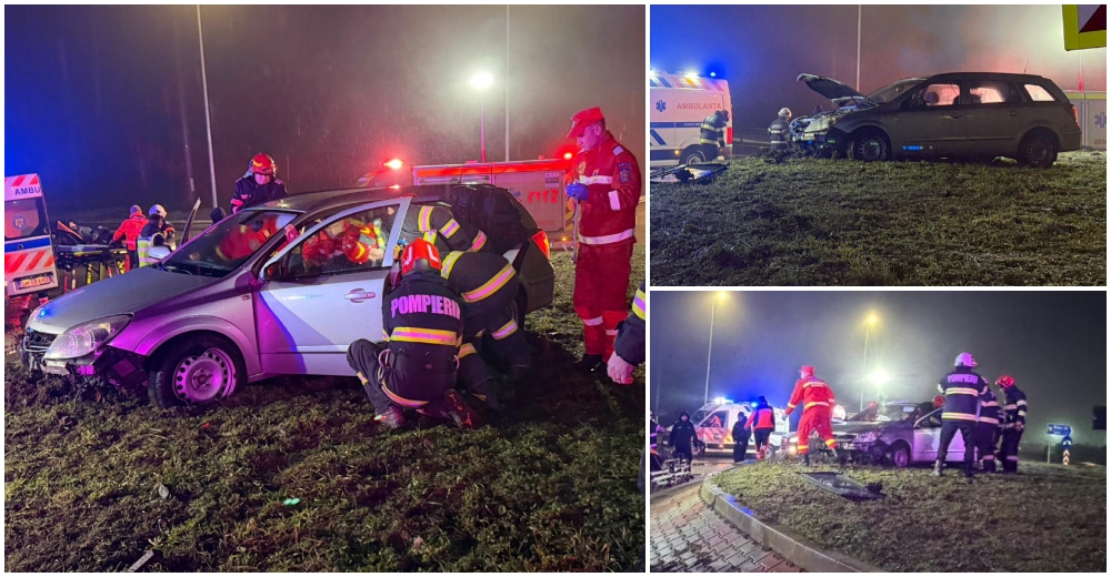 FOTO/VIDEO. Accident cu victime pe DN19, în Satu Mare. Nu a observat sensul giratoriu și l-a luat în plin