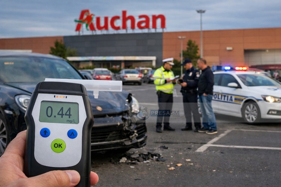 Beat la volan, cu copiii în mașină, a lovit un Porsche în parcarea Auchan