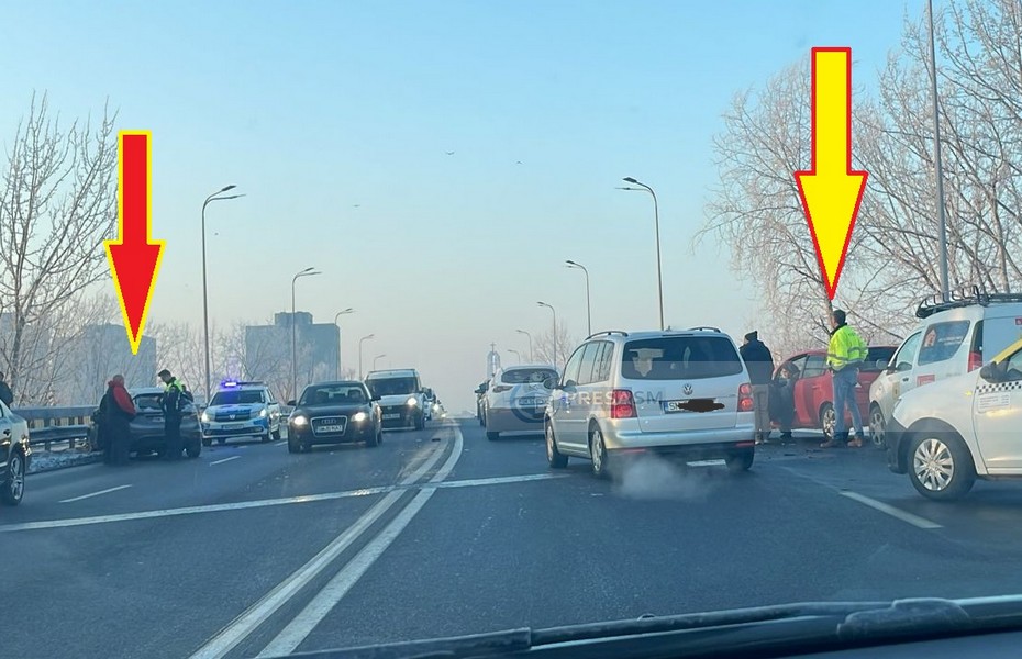 FOTO. Accident pe Podul Decebal. Mașină proiectată pe contrasens, în parapet. Mărturia victimei