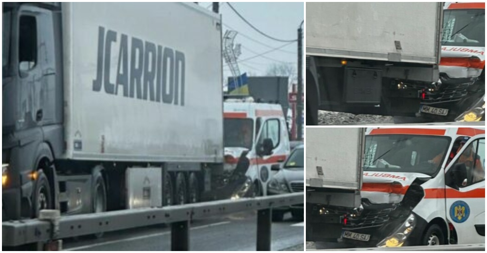 FOTO. O ambulanță a intrat frontal, în plin, într-un TIR