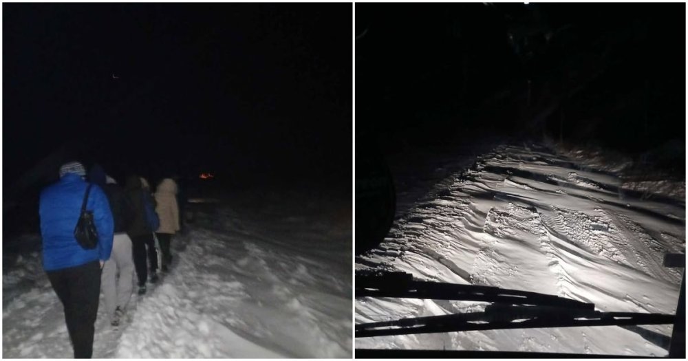 FOTO. Sătmăreni, puși să meargă pe jos prin zăpadă și ger, după ce microbuzul s-a împotmolit în omăt