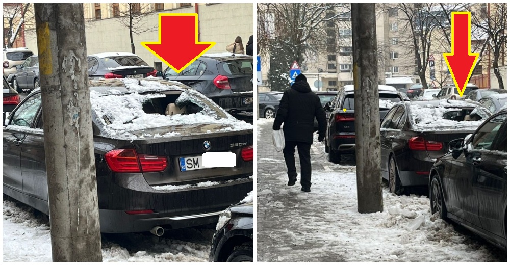 FOTO. ALARMĂ în centrul Satu Mare: Țurțuri uriași au avariat două mașini, lângă Colegiul Mihai Eminescu