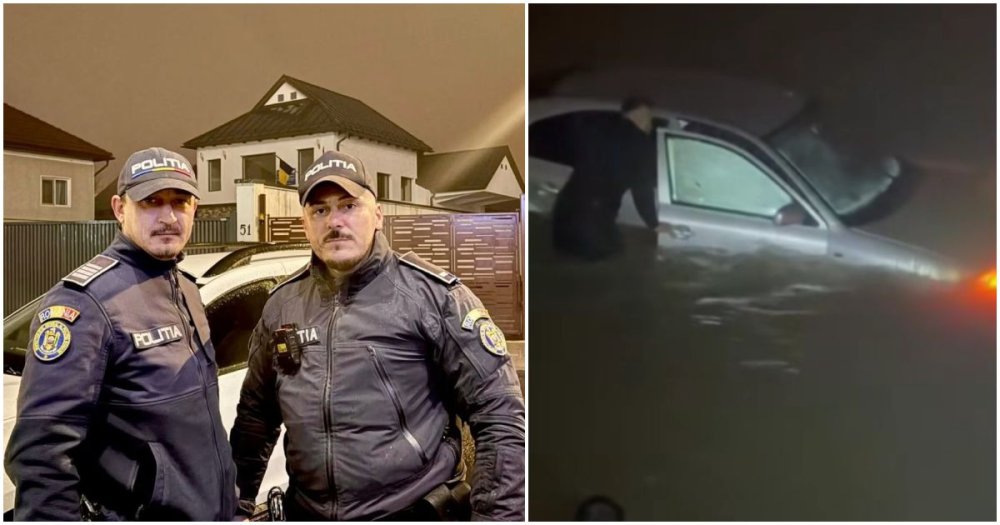 VIDEO. Momentul în care doi polițiști au salvat o femeie dintr-o mașină căzută în râu