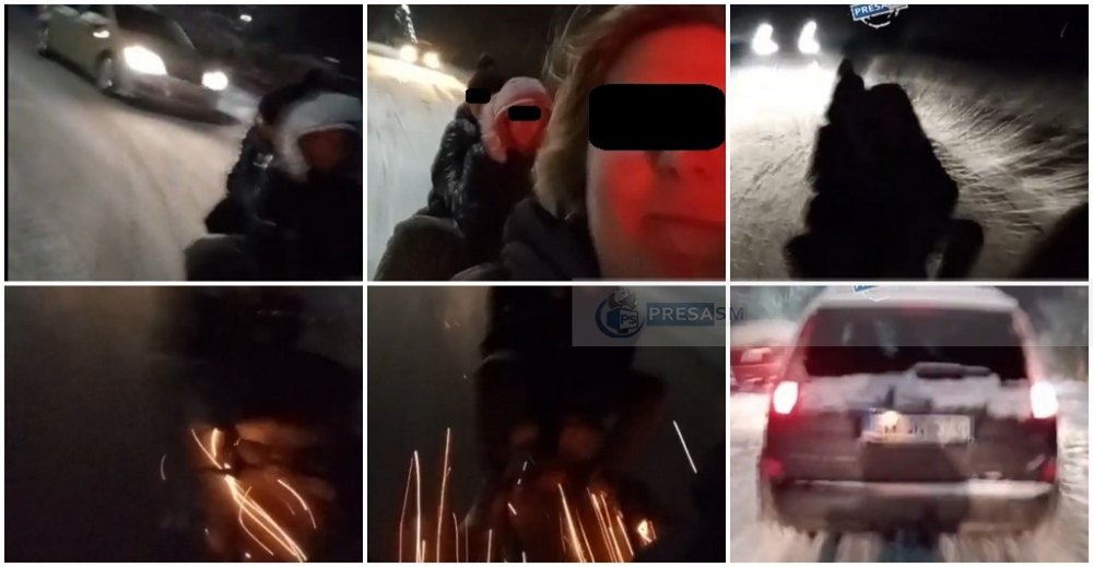 VIDEO. Sănii trase în viteză de mașină, cu alte mașini circulând în spate, în Satu Mare