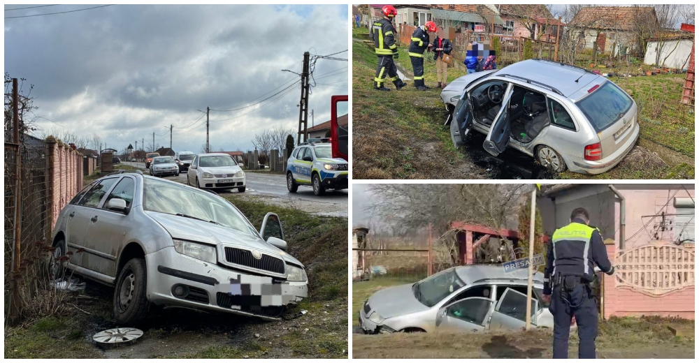 FOTO/VIDEO. O șoferiță a ajuns cu mașina în șanț, în Corod. Doi copii au ajuns la Urgență