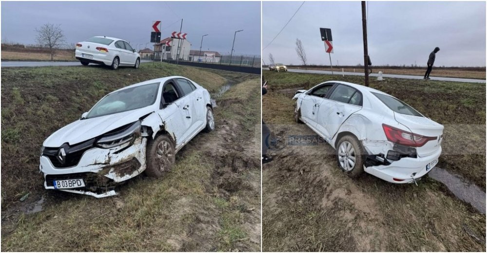 FOTO. Accident în județul Satu Mare. Ar fi ratat curba și ar fi ajuns cu mașina în șanț