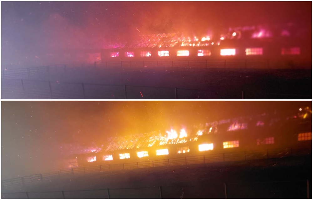 FOTO/VIDEO. Incendiu de amploare la o mare fermă de animale din județul Satu Mare