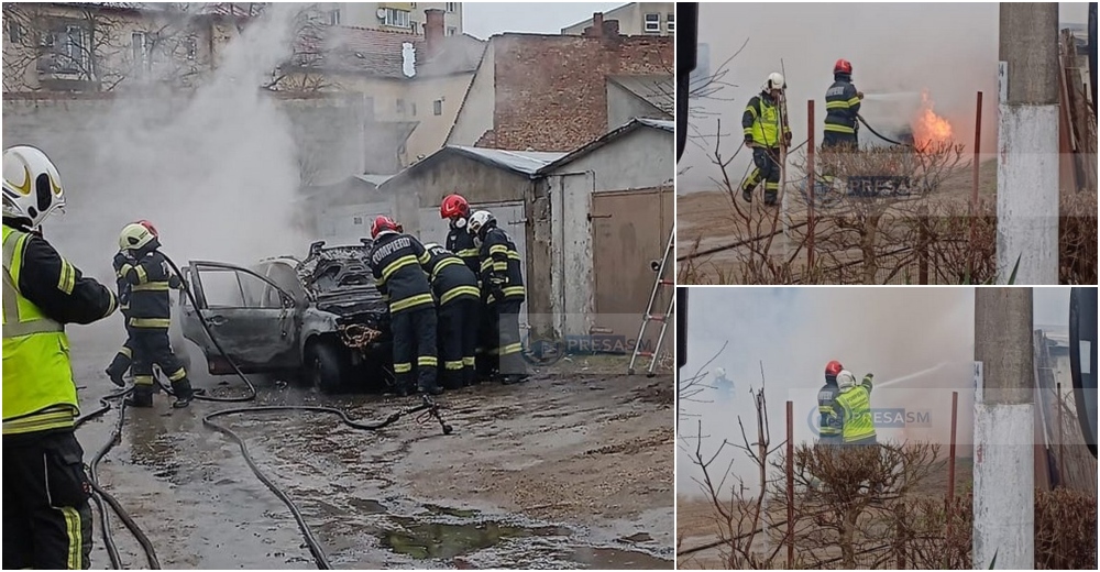 FOTO. Mașină în flăcări în centrul municipiului Satu Mare. Pericol de extindere