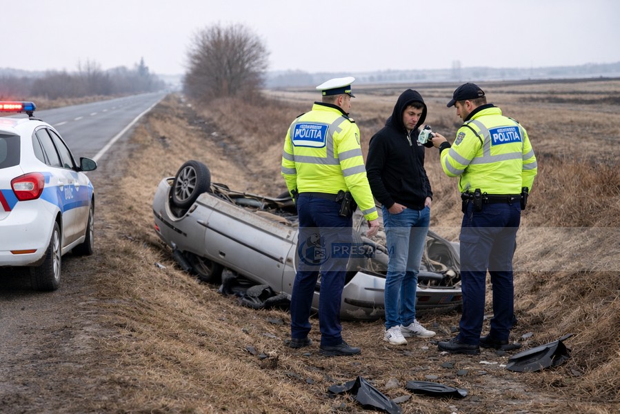 Un tânăr s-a răsturnat cu mașina. Apoi s-a dus acasă. Polițiștii și-au dat seama de ce