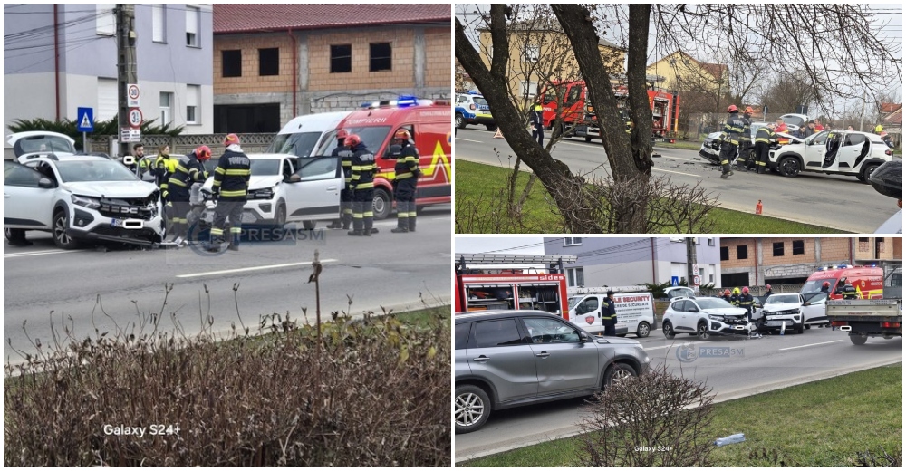 FOTO/VIDEO. Accident VIOLENT, cu pericol de incendiu în municipiul Satu Mare. O șoferiță (19 ani) neatentă
