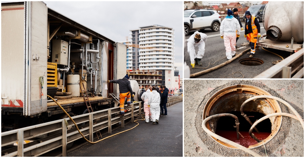 FOTO. Premieră în Satu Mare. Conductă uriașă, reparată fără spargerea trotuarului pe Podul Golescu