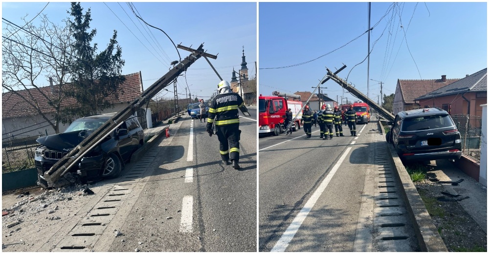 FOTO. Accident GRAV pe DN 19, în Doba. Un șofer a distrus un stâlp de beton după ce ar fi adormit la volan