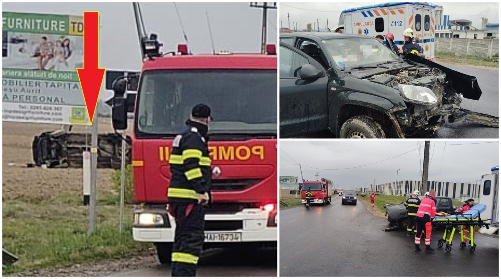 FOTO. Accident cu 5 victime în județul Satu Mare. O mașină s-a răsturnat pe câmp